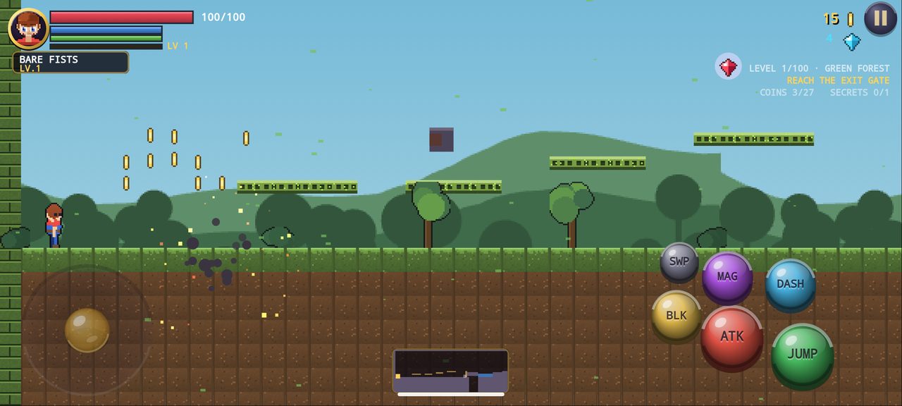 Dave running through the Green Forest with the health bar and touch controls visible